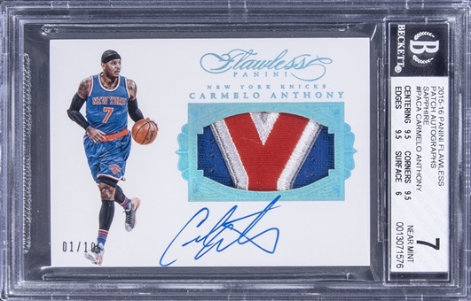 2015-16 Panini Flawless Patch Auto Sapphire #PA-CA Carmelo Anthony Signed Patch Card (#01/10) - BGS NM 7/BGS 10